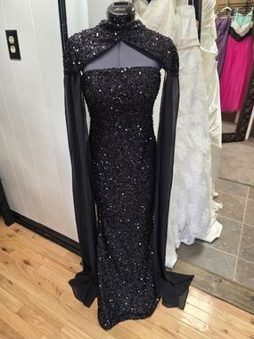Elegant Black Sequin Cape Gown - Women Dresses
